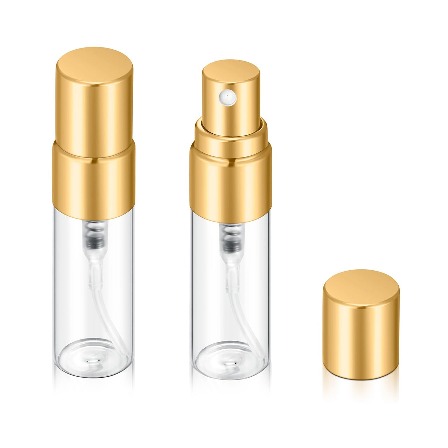 Jxcmeng 20Pcs 3ml Empty Clear Glass Mist Spray Bottle Refillable Mini Perfume Atomizer Travel Sample Bottle with Golden Aluminized Nozzle Makeup Container for Perfume (3ml Gold Caps)