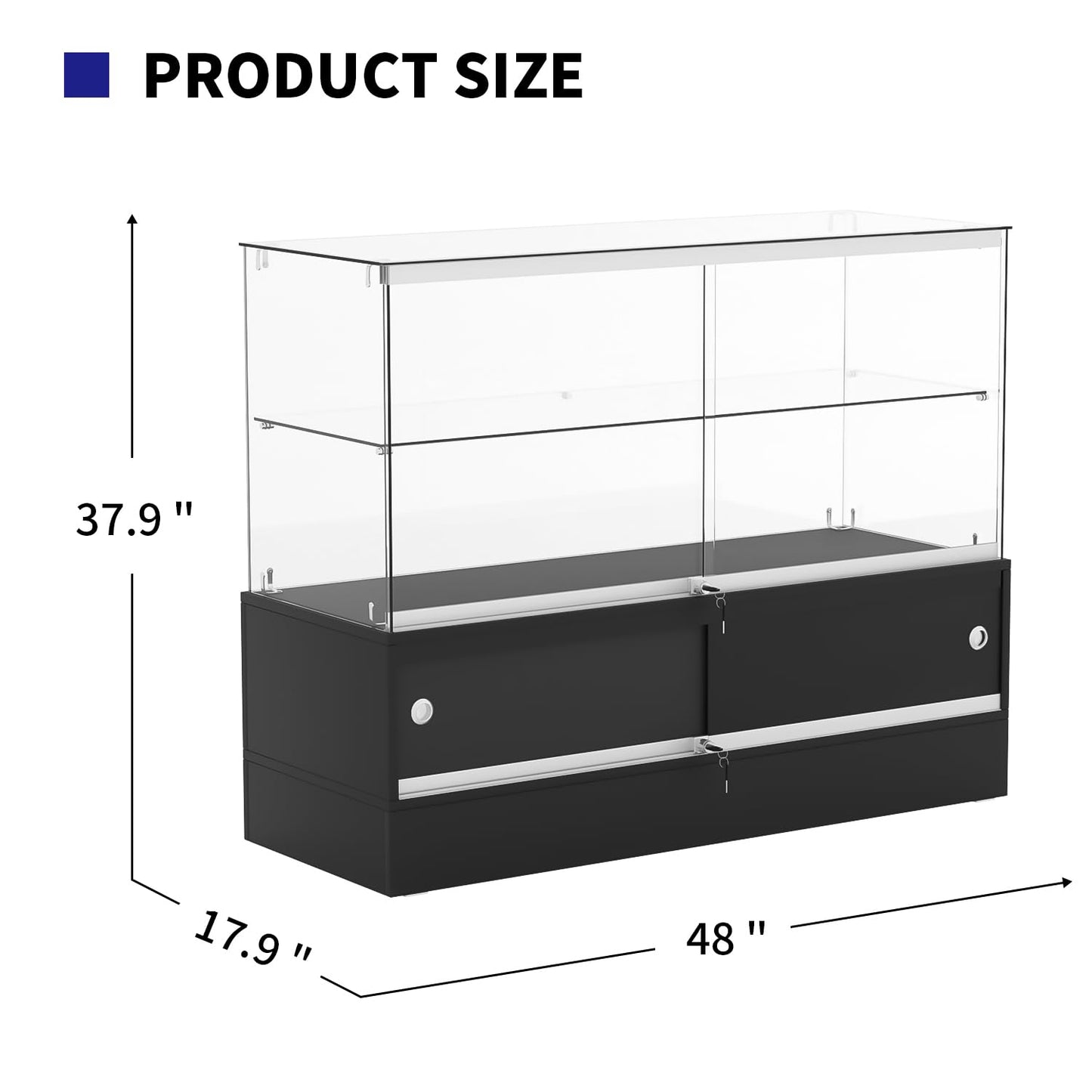 48" W x 17.9" D x 37.9" H - Black Full Vision Retail Display Case, Tempered Glass Display Cabinet with Glass Shelves and Storage Compartment,Storage Cabinets for Retail and Collectible Display
