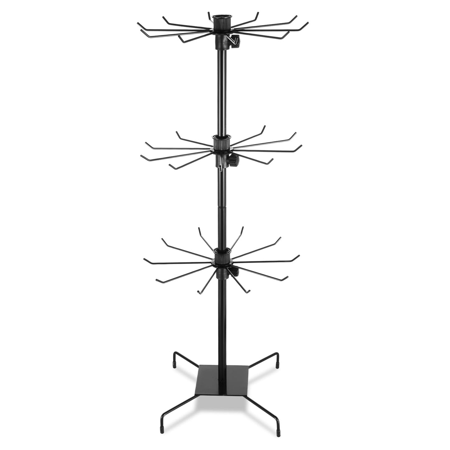 Nodaaiie 3 Tier 28.3 x 11.8 Inch Rotating Display Stand, Earring Display Rack, Black Metal Retail Display Stand with Hooks for Necklace, Bracelet, Earrings, and Keychains, Adjustable Height