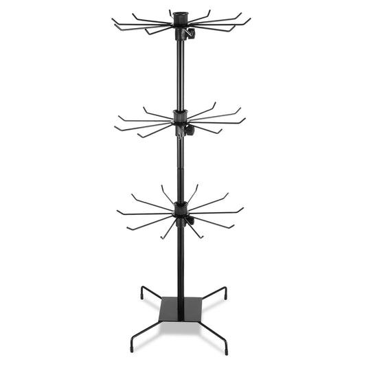 Nodaaiie 3 Tier 28.3 x 11.8 Inch Rotating Display Stand, Earring Display Rack, Black Metal Retail Display Stand with Hooks for Necklace, Bracelet, Earrings, and Keychains, Adjustable Height