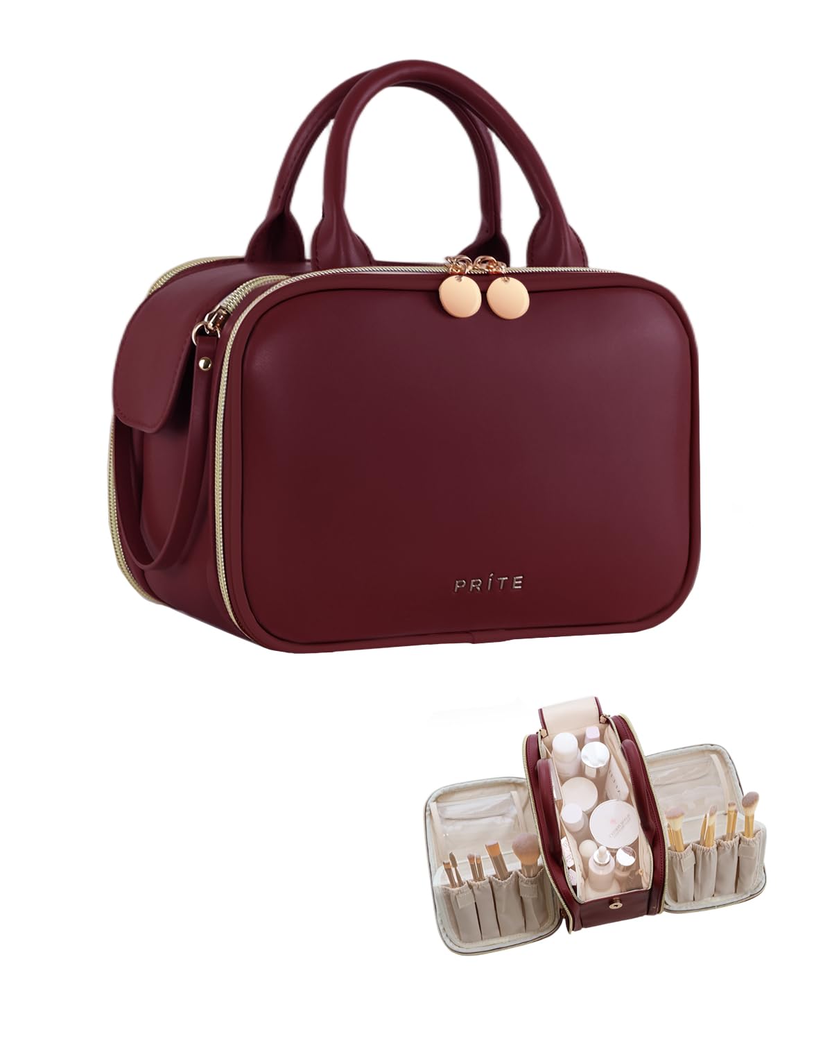 Prite Makeup Bag for Women, Large Capacity Waterproof Travel Cosmetic Organizer, Portable Open Flat Toiletry Bag with Free-standing Brush Holder and Handle (Burgundy Large)