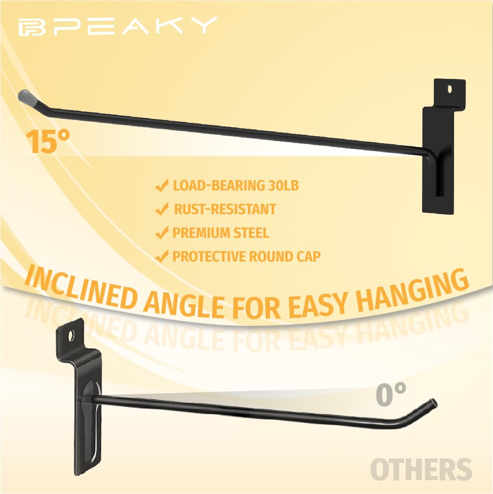 BFPeaky 12 Inch Black Slatwall Hooks, 25PC