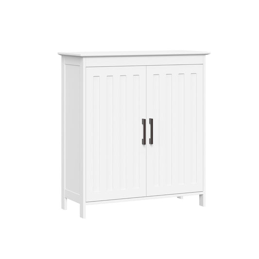RiverRidge Monroe Two-Door Floor Storage Cabinet - Bathroom Storage Cabinet with Adjustable Shelves - Soft-Close Doors White Finish with Matte Black Handles