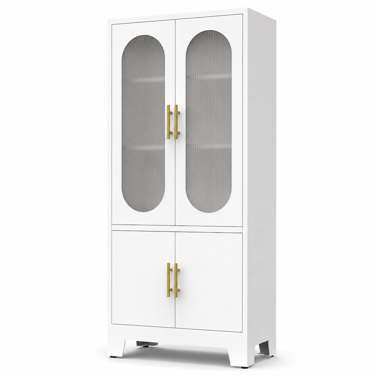 Garvee 74" H Tall Storage Cabinet, Freestanding Pantry Cabinet, Frosted Glass and Fluted Doors, 4 Door Cabinet with Adjustable Shelf, for Kitchen, Bathroom, Dining Room, Living Room, Office, White