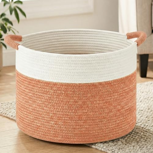 Artfeel 40L Large Cotton Rope Basket, Decorative Woven Blanket Storage for Living Room, Boho Toy Storage & Toy Box for Kids, Versatile Laundry Basket & Nursery Hamper for Blankets(Orange) - color: Orange, size: 40L