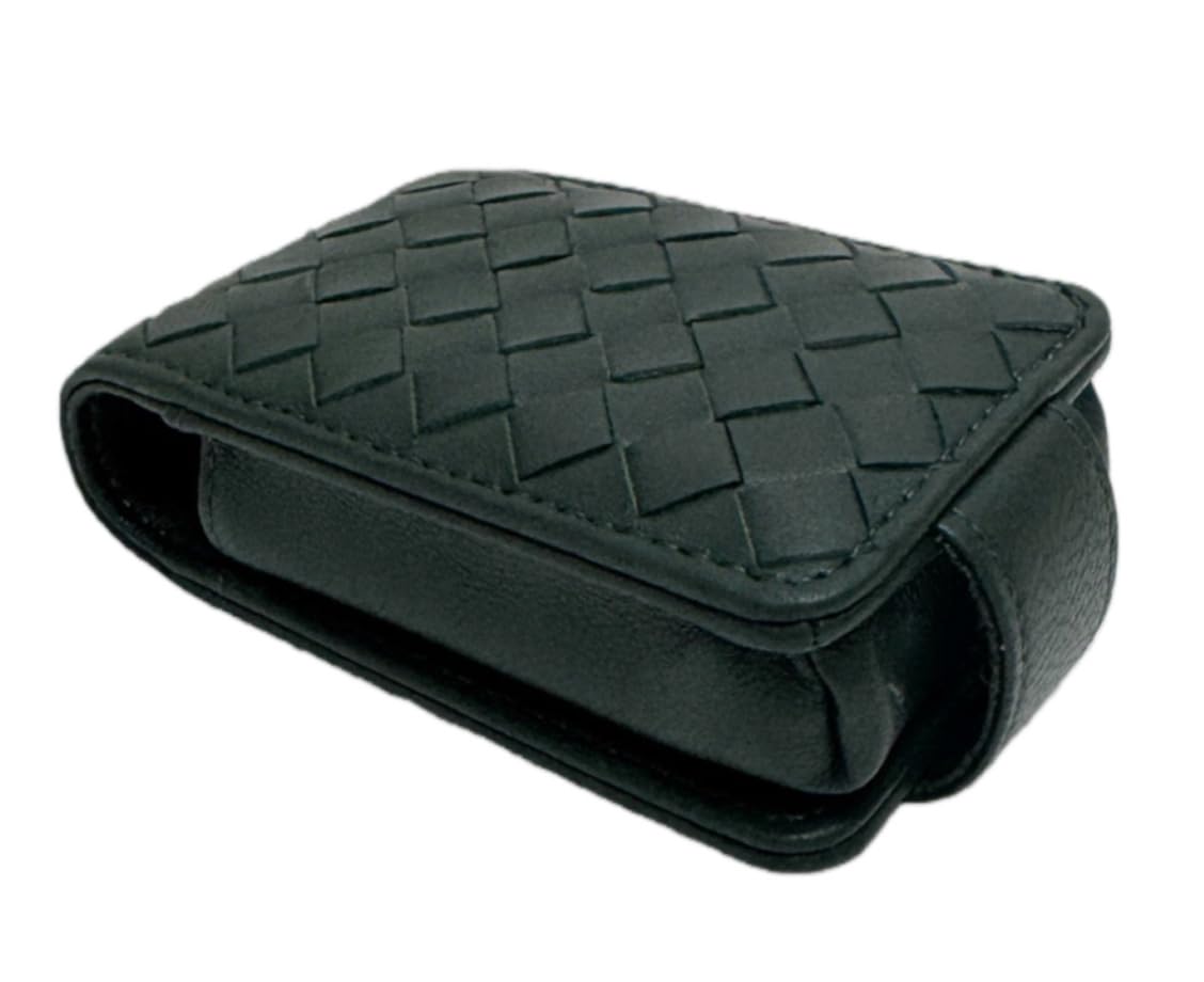 AgentMoon Handheld Lipstick Pouch with Mirror,Genuine Leather Lip Balm Case with Clamshell Magnetic Hidden Clasp and Hook for Chain.Portable Travel Cosmetic Case for Women Gift. (Dark Green Woven)