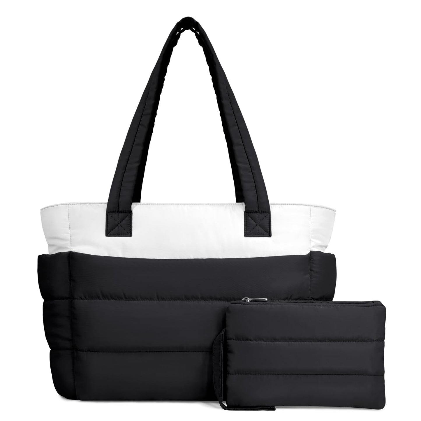 TOPDesign Puffer Tote Bag for Women, Lightweight Puffy Handbag with Compartments & Cosmetic Bag, Quilted Shoulder Bags for Work, Travel, Gym, Gifting (M Black/White)