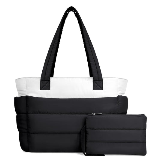 TOPDesign Puffer Tote Bag for Women, Lightweight Puffy Handbag with Compartments & Cosmetic Bag, Quilted Shoulder Bags for Work, Travel, Gym, Gifting (M Black/White)