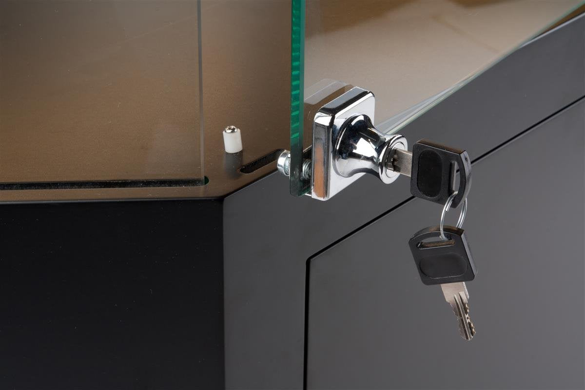 Displays2go, Glass Gallery Showcase, Laminated MDF & Tempered Glass Construction – Black Finish (GTLEDQCBLK)