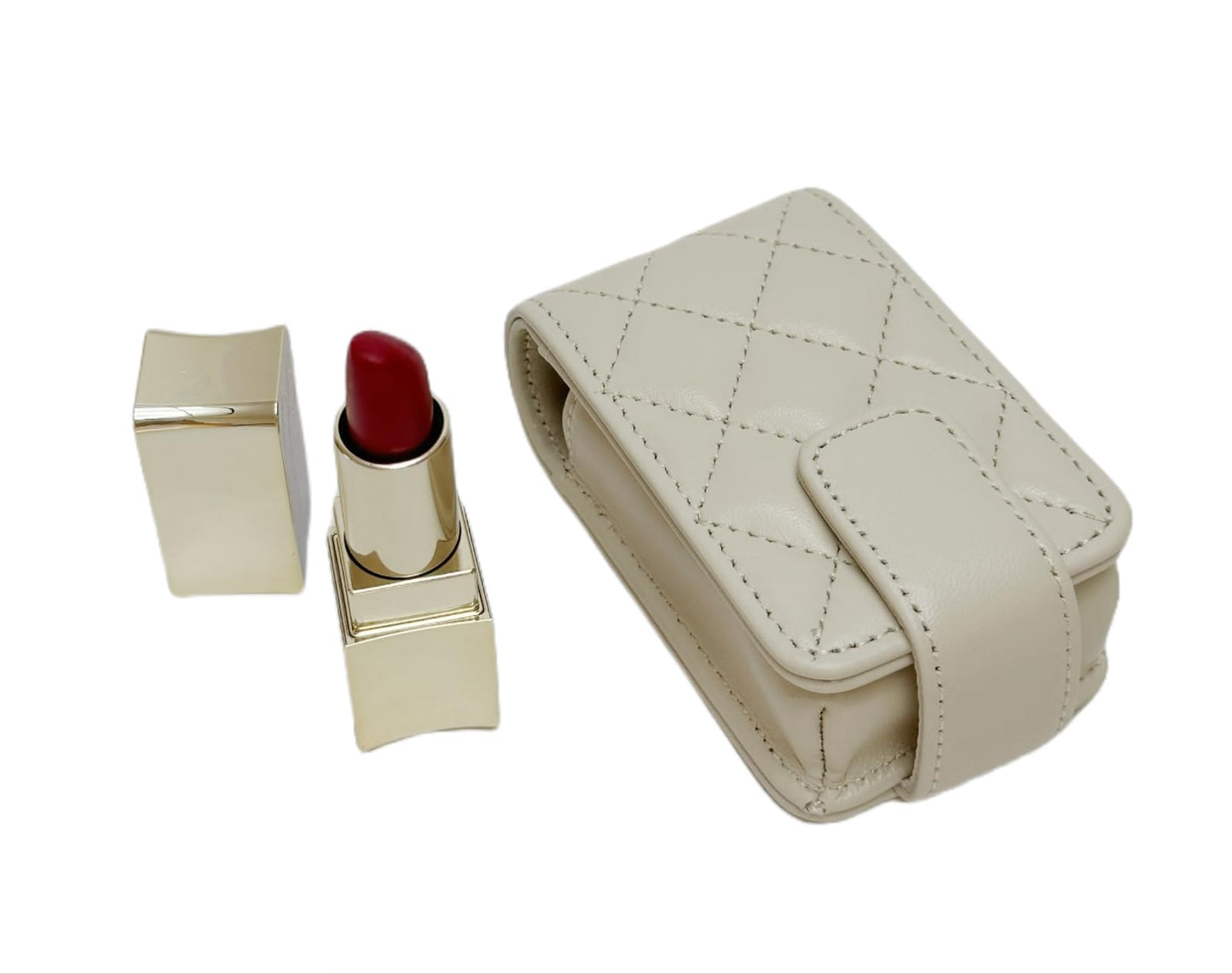 AgentMoon Handheld Lipstick Pouch with Mirror,Genuine Leather Lip Balm Case with Clamshell Magnetic Hidden Clasp.Portable Travel Cosmetic Case for Women Gift. 4.1x2.3x1.8 Inches, White Rhombus