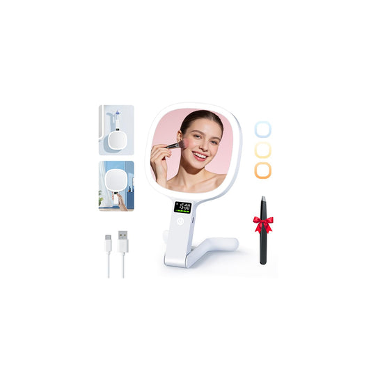 Auxmir 30X/1X Travel Makeup Mirror with Lights, Rechargeable Lighted Magnifying Mirror with LED Display, 3 Color Dimmable Vanity Mirror, Foldable Portable Mirror for Tabletop/Handheld/Hanging, White
