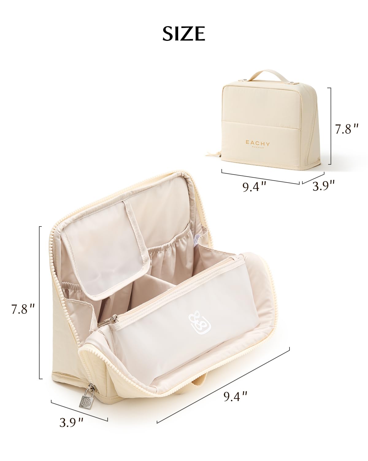 EACHY Standing Makeup Bag - Large Waterproof Cosmetic Bag & Toiletry Bag Organizer with Phone Holder, Detachable Dividers, Wipe-Clean Brush Pouch for Women