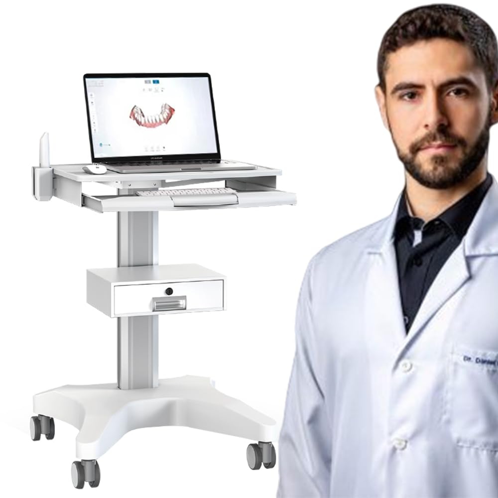 QUUIUO Hospital Medical Trolley Mobile Laptop Pallet Cart with Oral Scanner Holder Height Adjustable Workstation for Dental Clinic Hospital Beauty