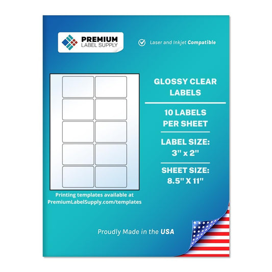 Premium Label Supply Glossy Clear Sticker Labels – 3" x 2" – Laser/Inkjet Compatible – (10 per Sheet), 10 Sheets – 100 Total Adhesive Labels