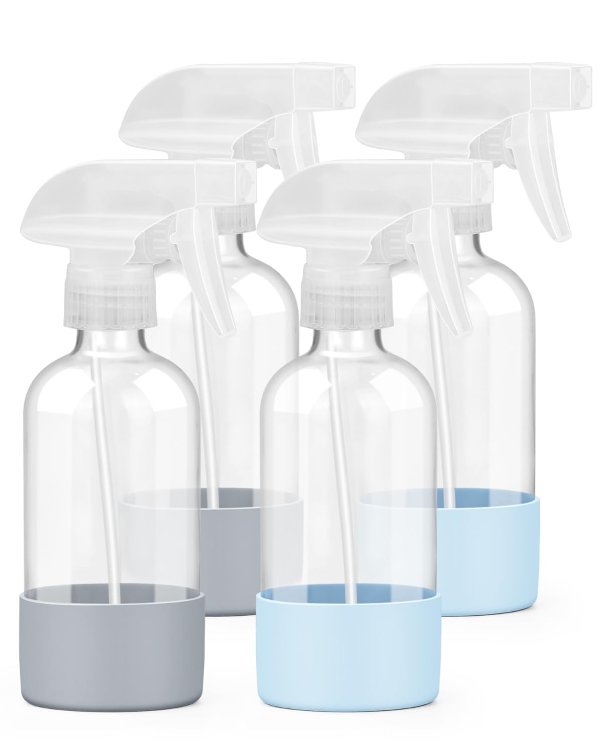 Worldgsb 4 Pack Glass Spray Bottles 8 oz, Empty Refillable Containers with Silicone Sleeve Protection, Glass Spray Bottles for Cleaning Solutions, Hair and Plants with Adjustable Nozzles Blue&Grey