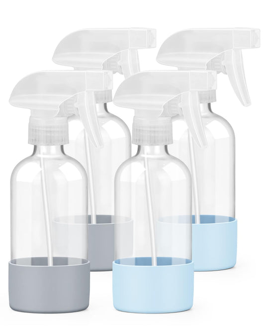 Worldgsb 4 Pack Glass Spray Bottles 8 oz, Empty Refillable Containers with Silicone Sleeve Protection, Glass Spray Bottles for Cleaning Solutions, Hair and Plants with Adjustable Nozzles Blue&Grey