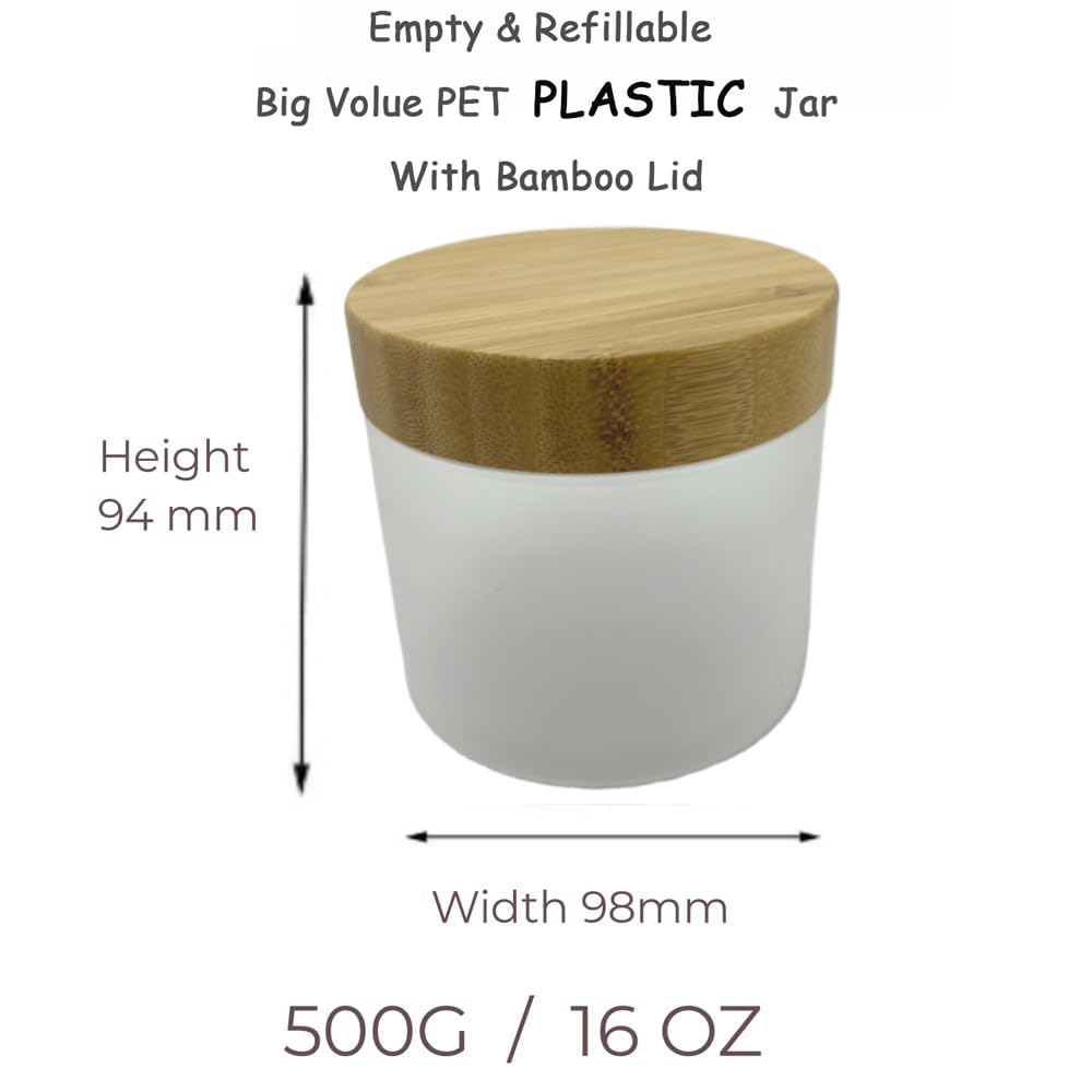 BEECO GIF2U Empty Bamboo Lid Jar 16oz/500g,Refilable Plastic Round Cosmetic Containers for Powder,Body Butter,Cream,Lotion,Wide Mouth Makeup Sample Storage Pot Dispenser(Frost)