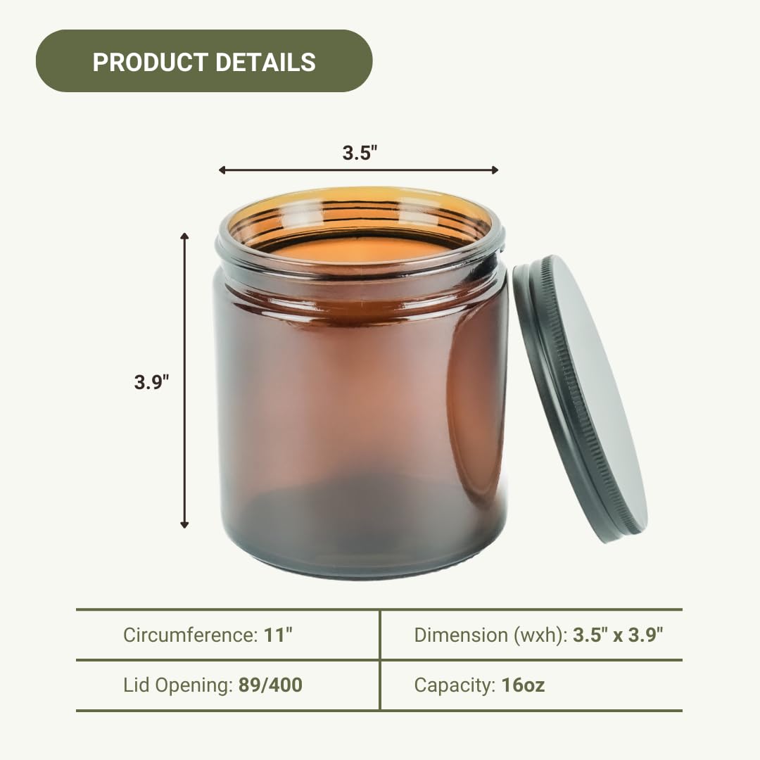 Nature Packaged Glass Amber 16oz Jar - 12 Packs, Lead-Free Empty Round Jars For Beauty Products, Lotion, and Powders - Black Lid - Small Candle Jars