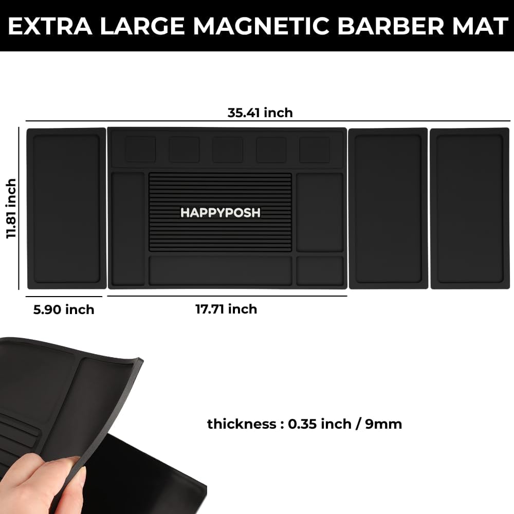 HAPPYPOSH Magnetic Barber Mats for Clippers, Large 4-Piece Modular Barber Station Organizer with 5 Strong Magnets, Non-Slip Magnetic Tool Mat for Professional Barber Shop & Salon Accessories
