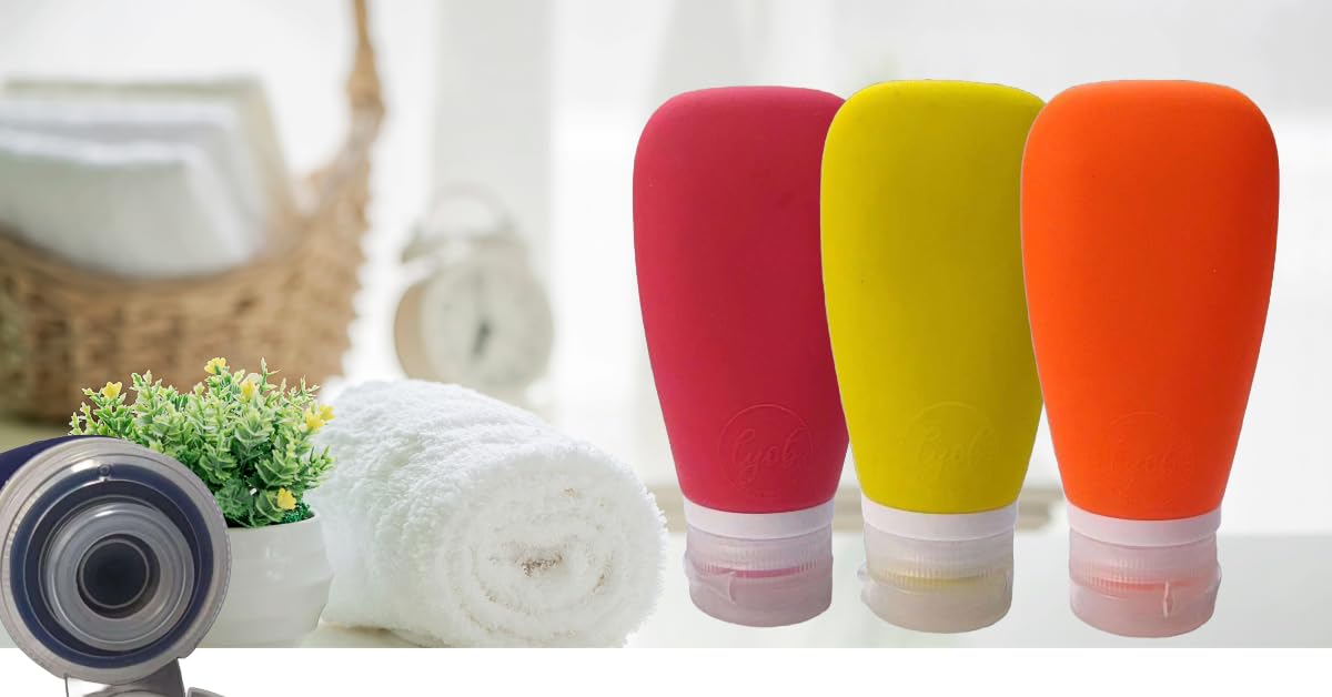 LYOB Travel Bottles for Toiletries, TSA Approved 3 oz Leak Proof Silicone Soft Refillable Squeeze Travel Size Containers BPA Free for Cleansers, Lotions, Shampoo, Conditioner (red,yellow,blue,orange)