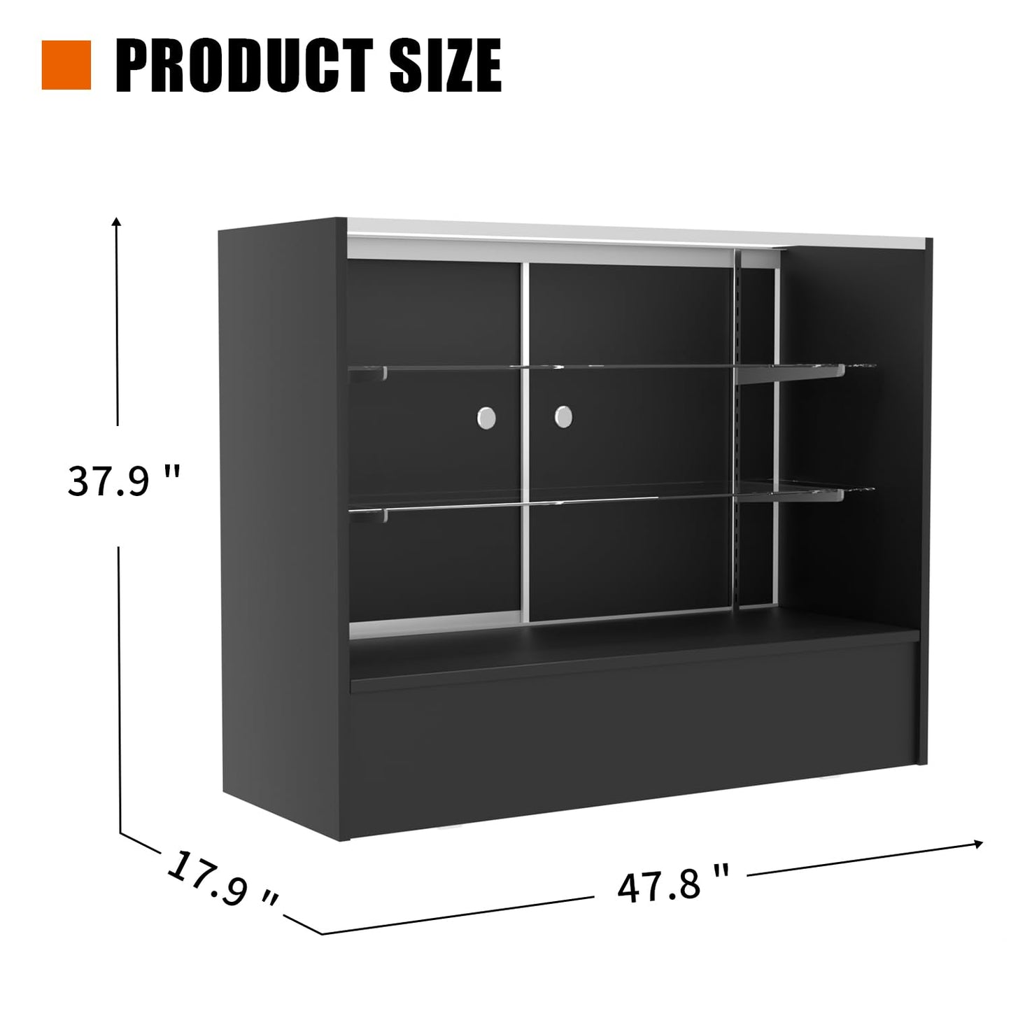 48" W x 38" H x 18" D - Full View Retail Display Cabinet, Black Wooden Frame Glass Display Cabinet with LED Lighting and Adjustable Glass Shelves