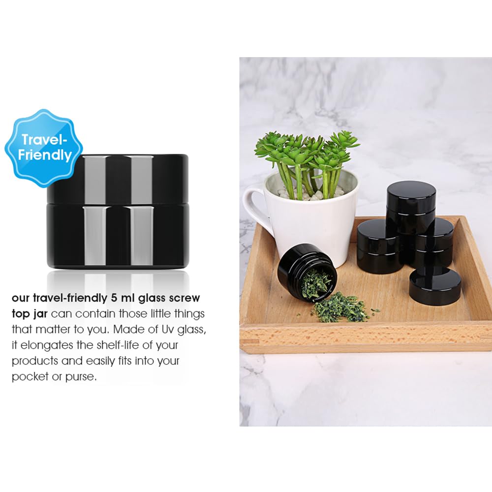 12 Pack 5ml Black Airtight Wide Mouth Ultraviolet Glass Jar,Reusable 5g Food Glass Bottle for Craft, Wax, Cosmetics, Coffee,oil Storage