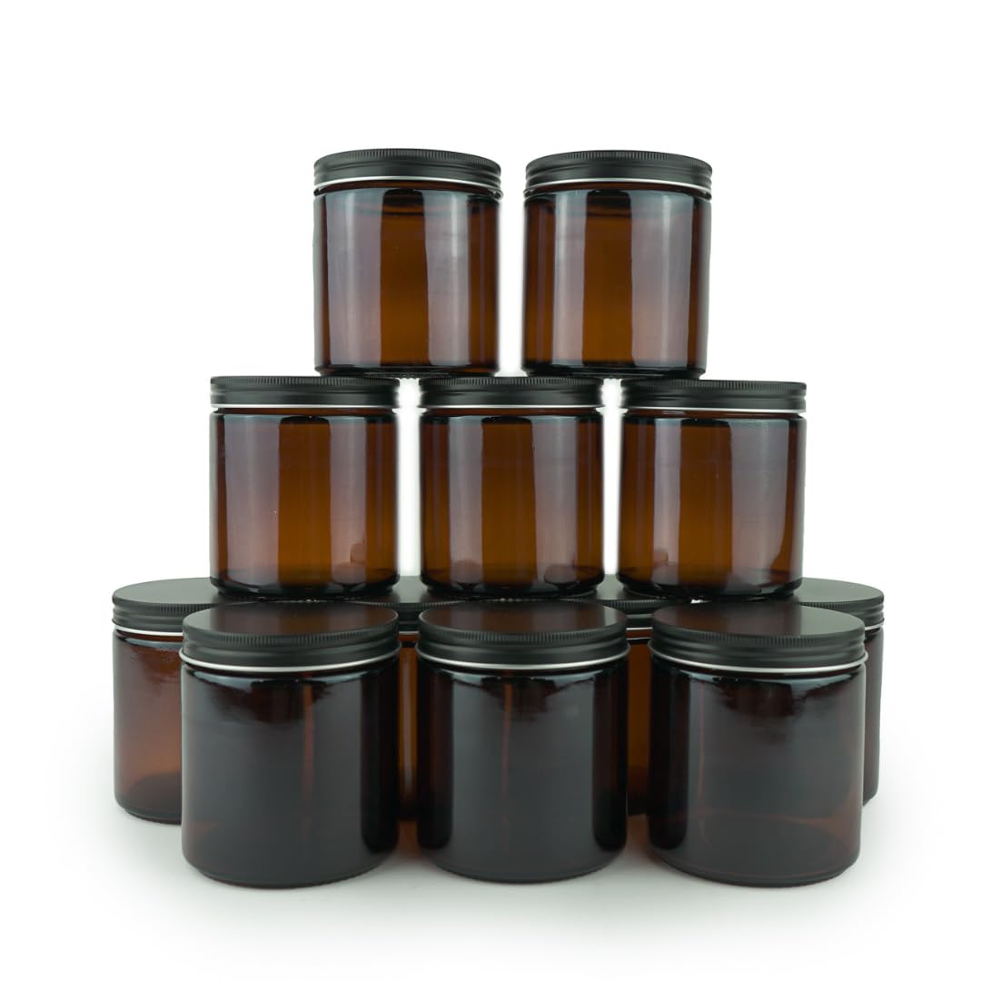 Nature Packaged Glass Amber 16oz Jar - 12 Packs, Lead-Free Empty Round Jars For Beauty Products, Lotion, and Powders - Black Lid - Small Candle Jars