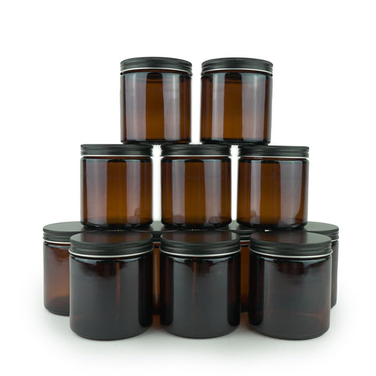 Nature Packaged Glass Amber 16oz Jar - 12 Packs, Lead-Free Empty Round Jars For Beauty Products, Lotion, and Powders - Black Lid - Small Candle Jars