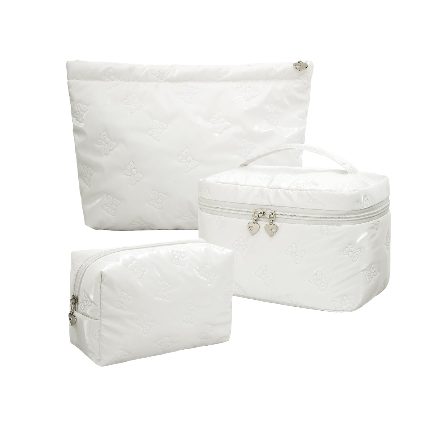 Alamealle 3PCS Large Cosmetic Bags Travel Makeup Bag Set with Mesh Pocket Portable Cute Toiletry Bag Aesthetic Make Up Organizer with Handle for Women (03 White 3PCS)
