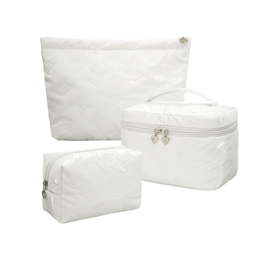 Alamealle 3PCS Large Cosmetic Bags Travel Makeup Bag Set with Mesh Pocket Portable Cute Toiletry Bag Aesthetic Make Up Organizer with Handle for Women (03 White 3PCS)