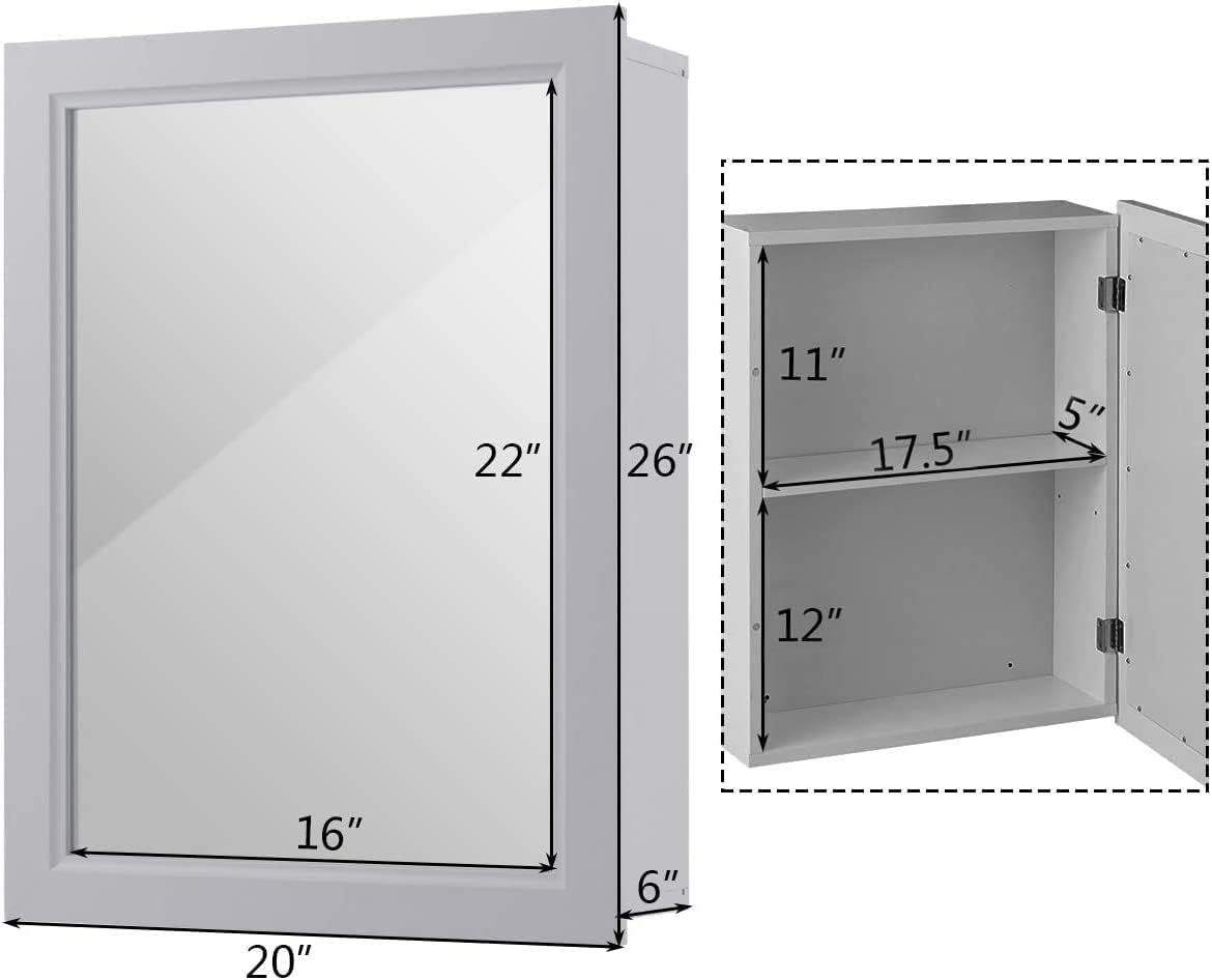 GOFLAME Bathroom Medicine Cabinet, Wall Mount Mirrored Storage Cabinets w/Single Door & Adjustable Shelf, Multipurpose Wooden Organizer for Hallway Living Room Bedroom, Grey