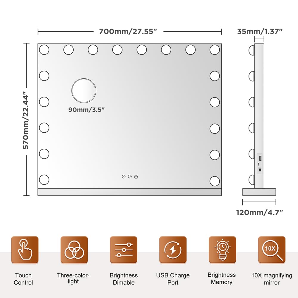 M MIVONDA Hollywood Vanity Mirror with 18 Bulbs Lights, Large Lighted Makeup Mirror for Desk and Wall, Dimmable 3 Lighting Modes, Plug-in & USB Charger Port, White