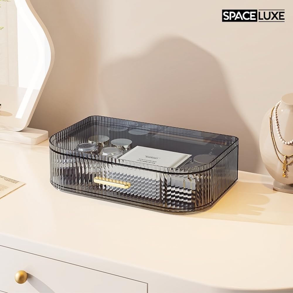 SpaceLuxe Makeup Organizer with Drawers and 360° Rotating Brush Holder, Large Capacity Cosmetic Storage for Vanity, Skincare, Perfume, Hair Accessories, Lipstick & Jewelry (Transparent Gray, 3-layer)