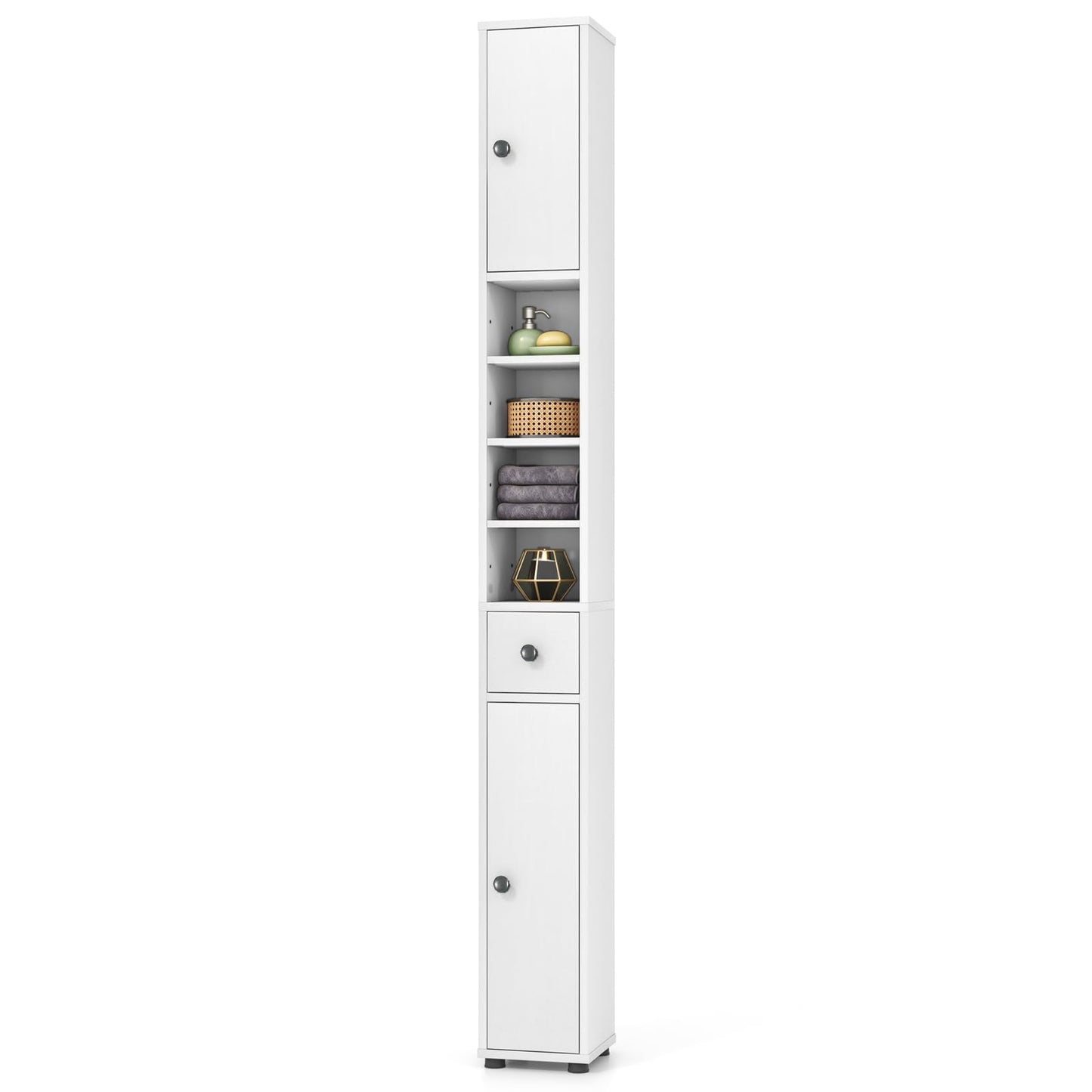 Giantex Slim Bathroom Storage Cabinet - 71” Tall Narrow Floor Cabinet Cupboard with 2 Doors, 5 Adjustable Shelves, 1 Drawer, Anti-Tipping Device, Thin Linen Tower Cabinet for Living Room (1, White)