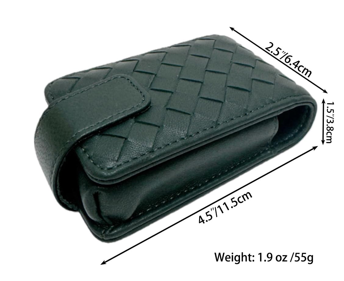 AgentMoon Handheld Lipstick Pouch with Mirror,Genuine Leather Lip Balm Case with Clamshell Magnetic Hidden Clasp and Hook for Chain.Portable Travel Cosmetic Case for Women Gift. (Dark Green Woven)