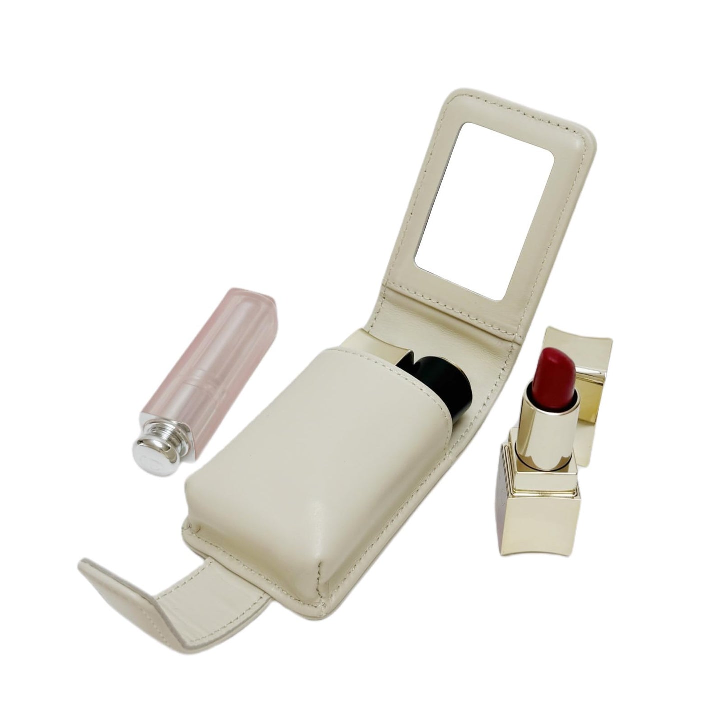 AgentMoon Handheld Lipstick Pouch with Mirror,Genuine Leather Lip Balm Case with Clamshell Magnetic Hidden Clasp.Portable Travel Cosmetic Case for Women Gift. 4.1x2.3x1.8 Inches, White Rhombus