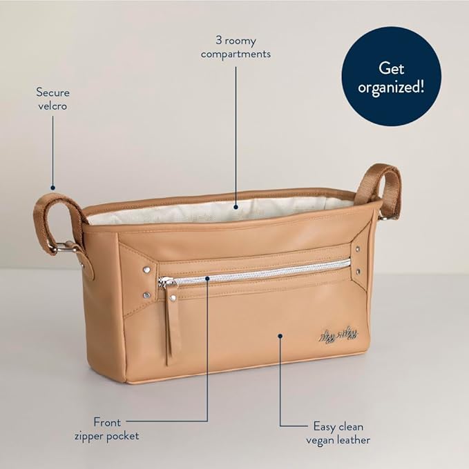 Itzy Ritzy Adjustable Stroller Caddy and Organizer Bag Featuring Front Zippered Pocket, 2 Built-In Interior Pockets & Adjustable Straps to Fit Nearly Any Stroller (Chai)