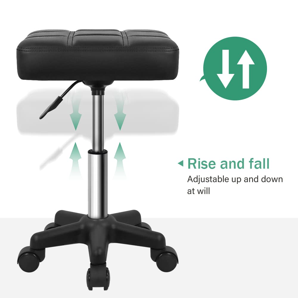 FURWOO Square Swivel Stool with Wheels PU Leather Rolling Stool Height Adjustable for Spa Salon Massage Black