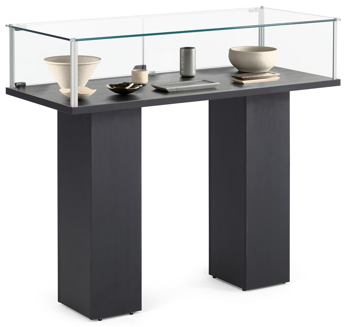 Free-Standing Tempered Glass Display Case, with 2 Pedestal Style Legs and Black Veneer