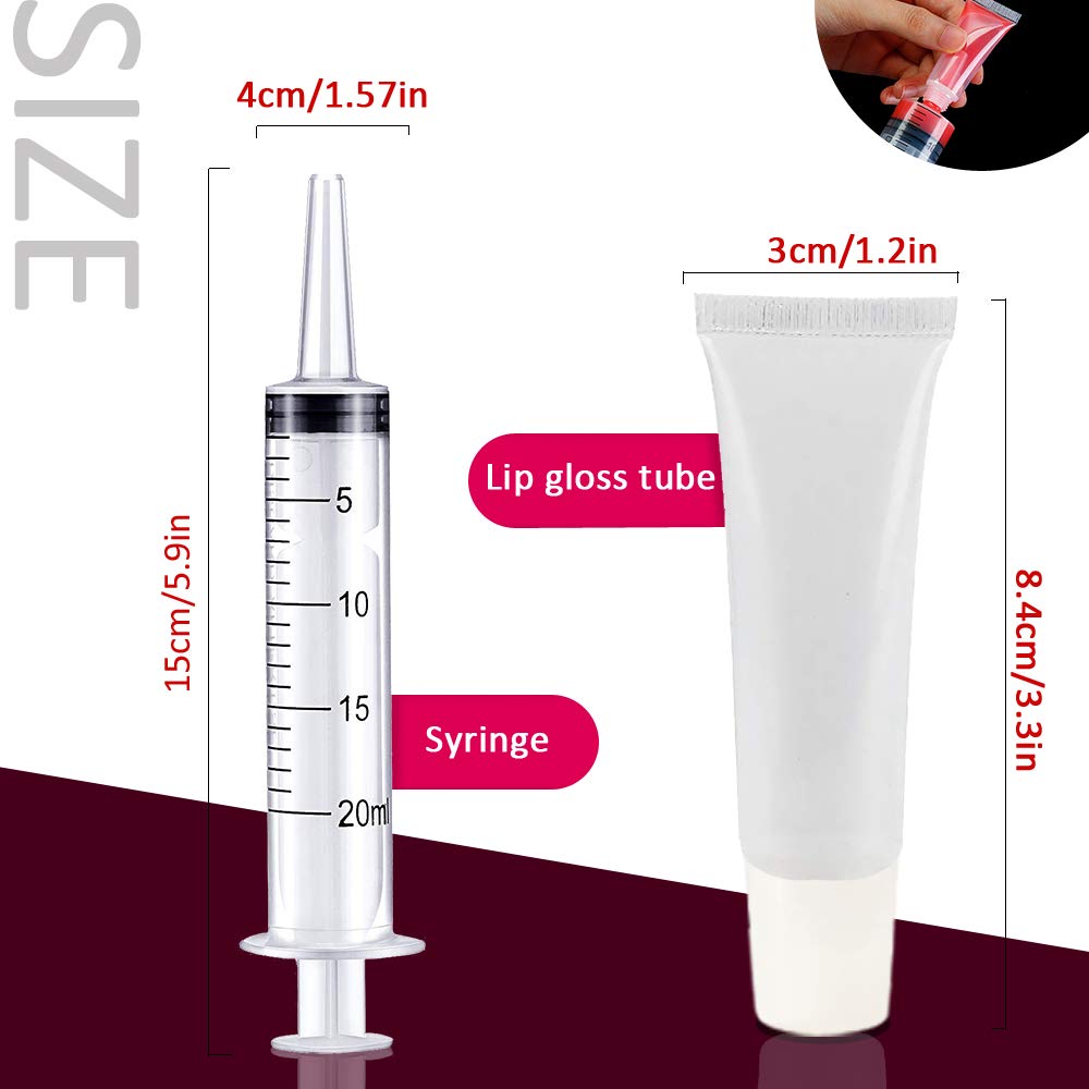 AMORIX 50PCS 10ml Lip Gloss Tubes Clear Empty Lip Balm Containers with White Cap Refillable Soft Cosmetic Squeeze Tubes for Lip Gloss Base Glitter Pigment Powder 2 Syringes + Tag Labels Stickers