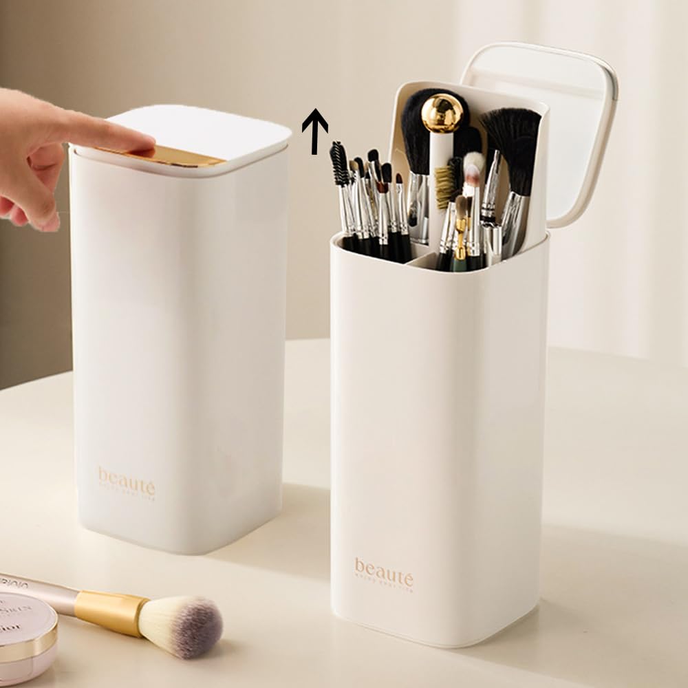 Esdallina Automatic Lifting Makeup Brush Holder with Lid Dustproof Cosmetic Organizers for Vanity-White