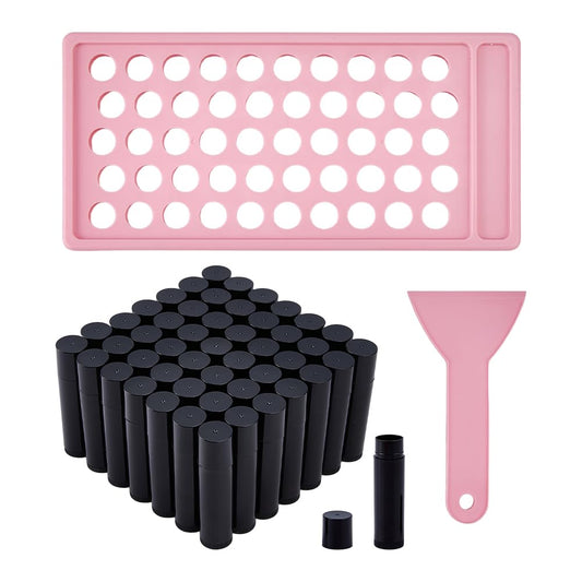 DICOSMETIC Lip Balm Tubes with Pink Filling Tray and Spatula Set Including 50Pcs 5G Black Empty Lip Balm Containers with Caps for DIY Homemade Lipsticks, Solid Perfume