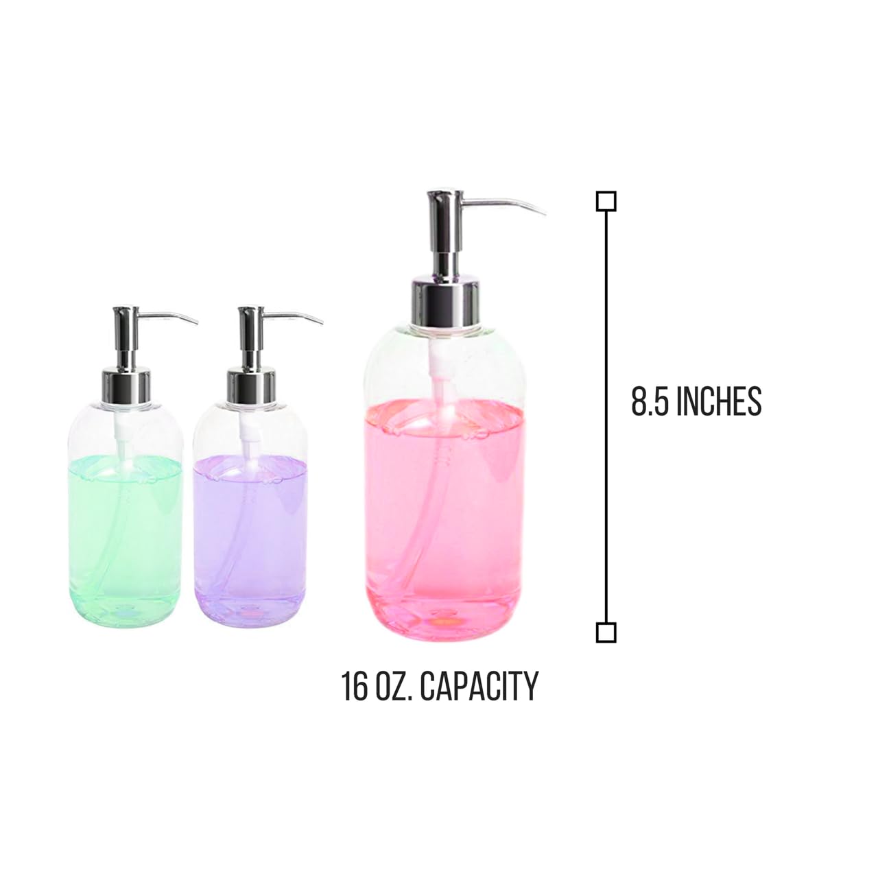 Refillable Clear Soap Dispenser Bottles with Pump, 16 oz (3 Pack) | BPA-Free Plastic Boston Round Containers for Hand Soap, Lotion, Shampoo, Kitchen & Bath
