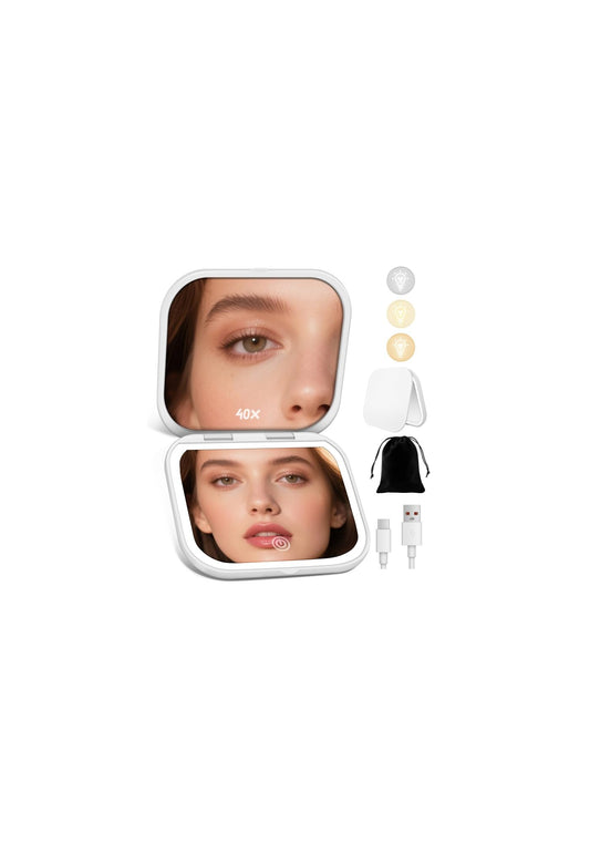 SisKokoro Magnifying Mirror with Light, Rechargeable 40X Compact Mirror with 3 Lighting Modes & Dimmable Brightness, Portable Travel Makeup Mirror with Light, Essentials for Travel, Pocket Purse White