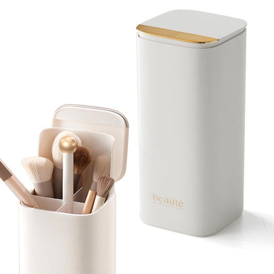 Makeup Brush Holder with Lid, Push Pop-Up Makeup Brush Organizer,4 Slots Makeup Cosmetics Organizerfor Vanity Decor, Bathroom Countertop ,Large Capcity, Dustproof,Waterproof | White and Gold