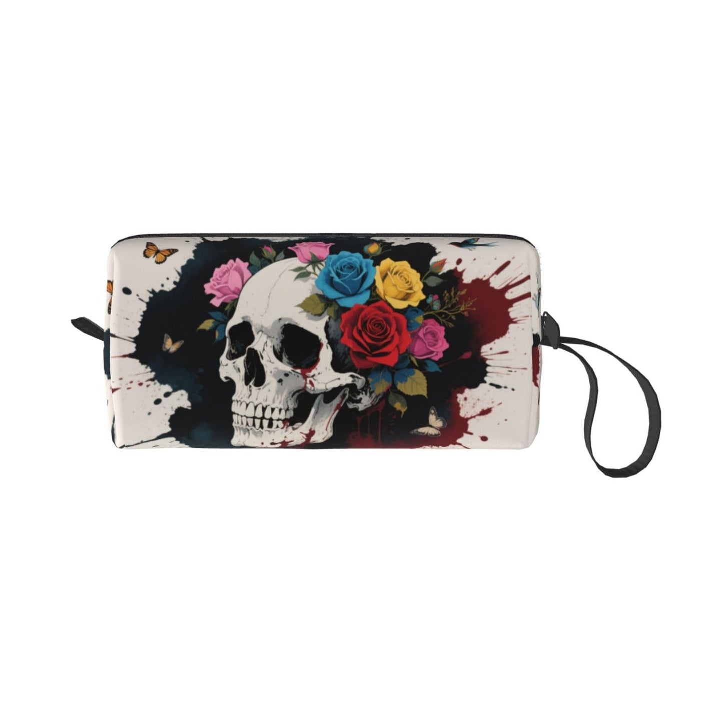 OLUSENMO Bold Skull & Roses Makeup Bag Small Compact & Durable Travel Cosmetic Bag Organizer Oxford Fabric Impact-Resistant Multi-Purpose Storage Perfect for Travel, Gym, Daily Use