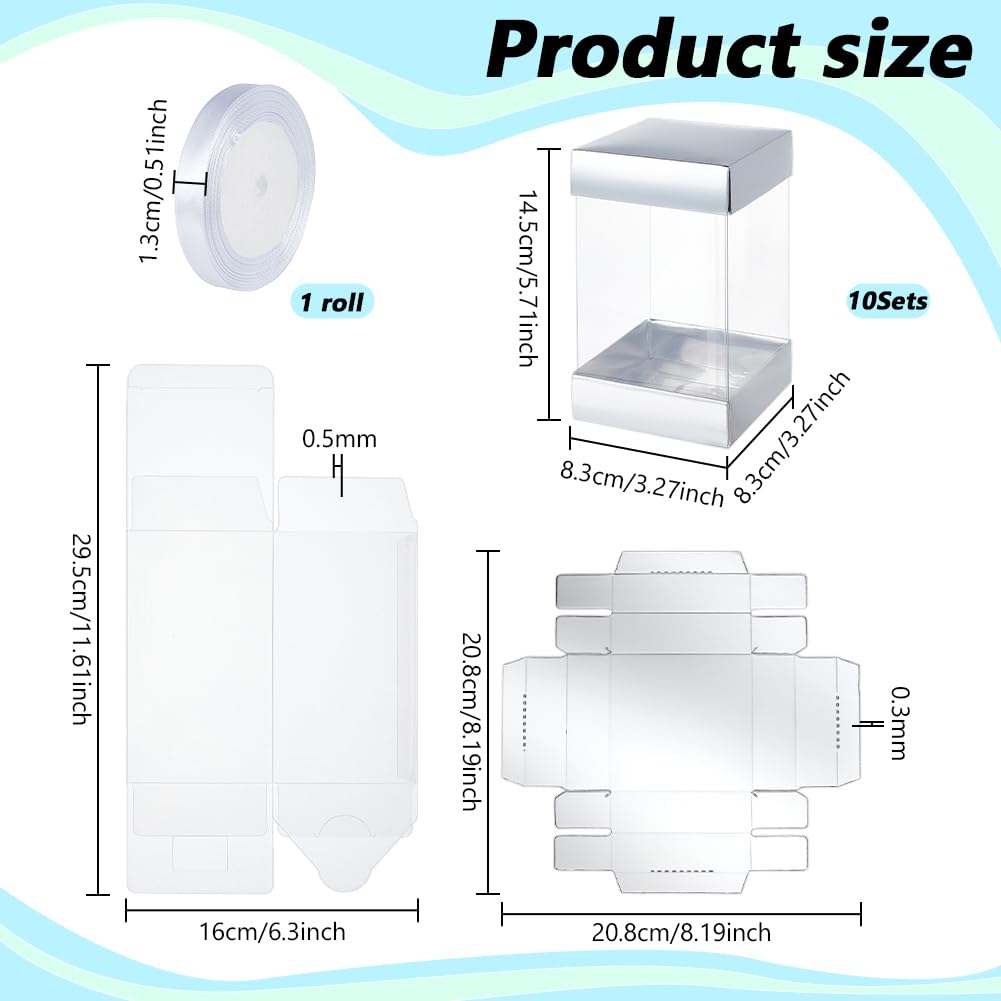 BENECREAT 10Pcs Clear Plastic Gift Box with Silver Paper Lid, Rectangle Gift Packaging Boxes with Polyester Ribbon for Birthdays, Weddings and Christmas, 3.2x3.2x5.7inch