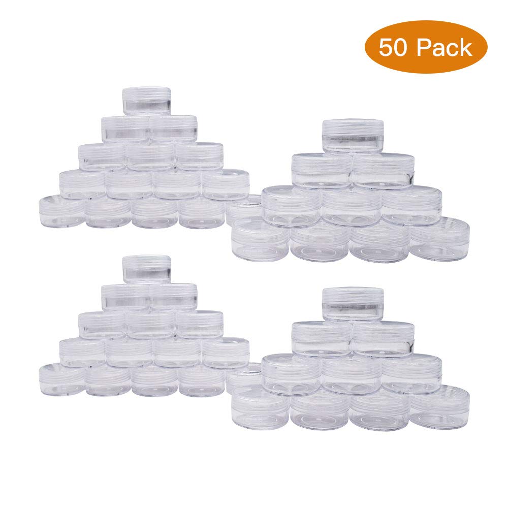 Healthcom 50 Pieces 10 Gram 10ml Empty Plastic Cosmetic Containers Clear Round Sample Pot Jar Screw Cap Lid for Nail Powder Lip Balm Eyeshadow Cream Lotions-BPA Free Travel Makeup Samples Storage