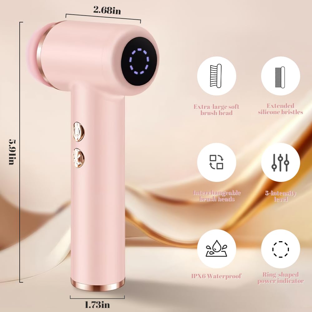 Dexmary Facial Cleansing Brush, 5 Speeds Adjustable Facial Brush, Waterproof & Rechargeable Face Scrubber Exfoliator with 4 Brush Heads for Women, Pink