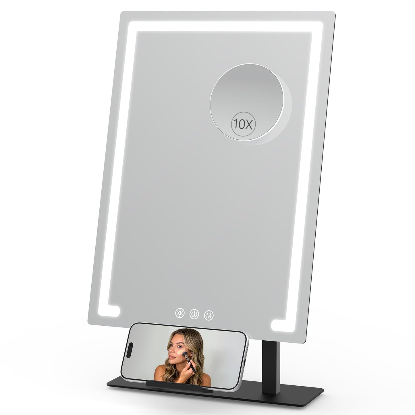FRANO Vanity Mirror with Lights, 3 Color Lighting Modes, Detachable 10x Magnification, 4000mAh Rechargeable Lighted Makeup Mirror, Smart Touch Control, Phone Holder, for Vanity Desk Tabletop